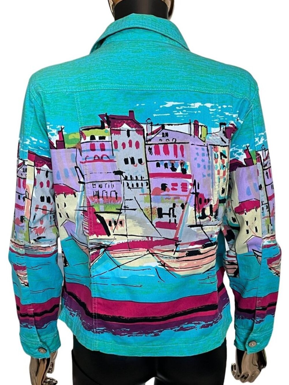 Jane Ashley Teal Green Mediterranean Harbor Print Jacket L - Picture 3 of 6
